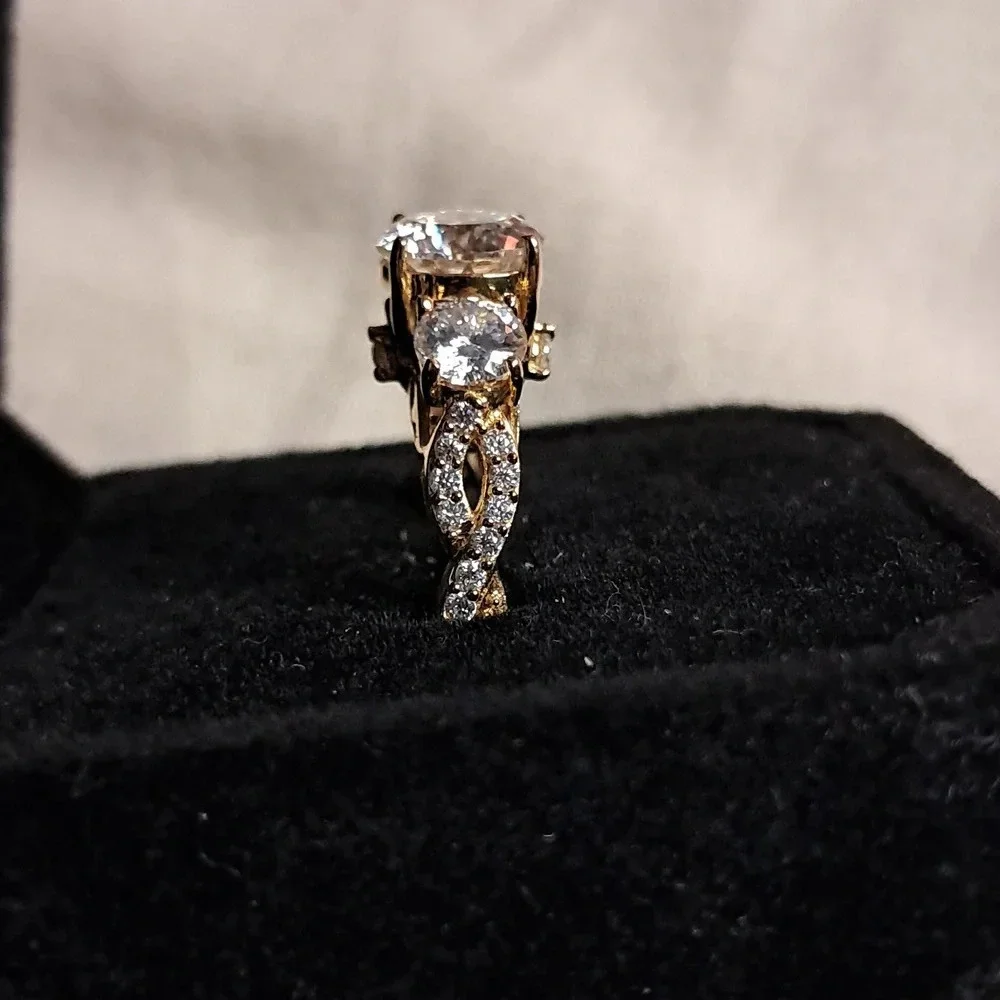 Genuine Moissanite Trilogy Ring In 14k YG Vermeil.